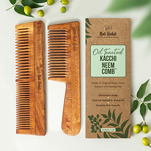 Nat Habit Back To Natural Kacchi Neem Wooden Comb - Dual Combo, 18-20cm, Frizz & Hairfall Control