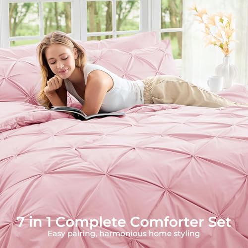 California King Comforter Set 7-Piece Bed in a Bag Pink Microfiber Bedding