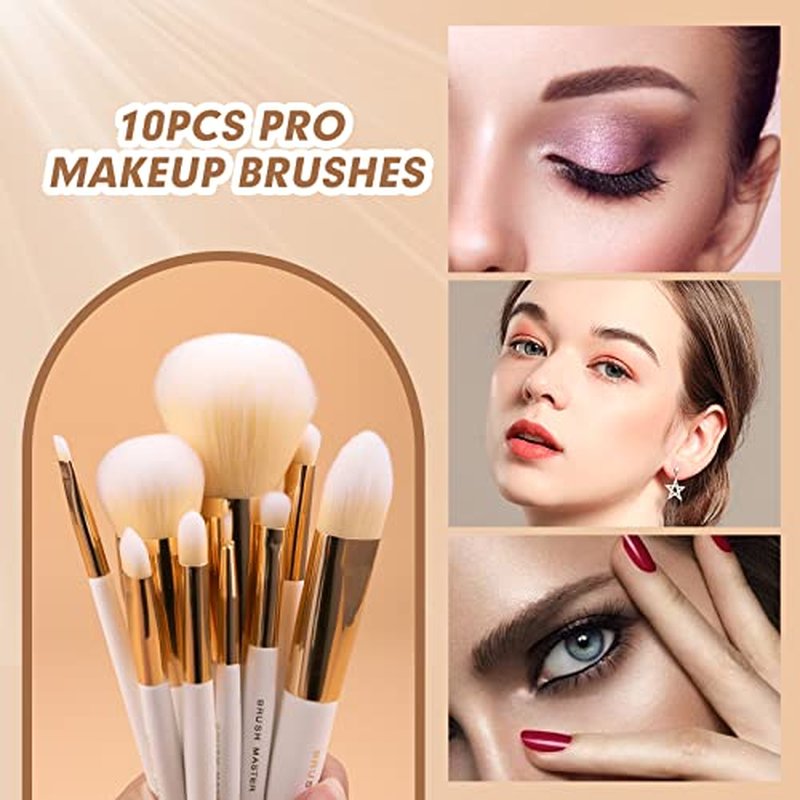 10Pcs Makeup Brushes Set Professional Kabuki Foundation Eyeshadow Blush Blending Lip Full Face Cosmetic Kit W/Makeup Brush Set with Holder