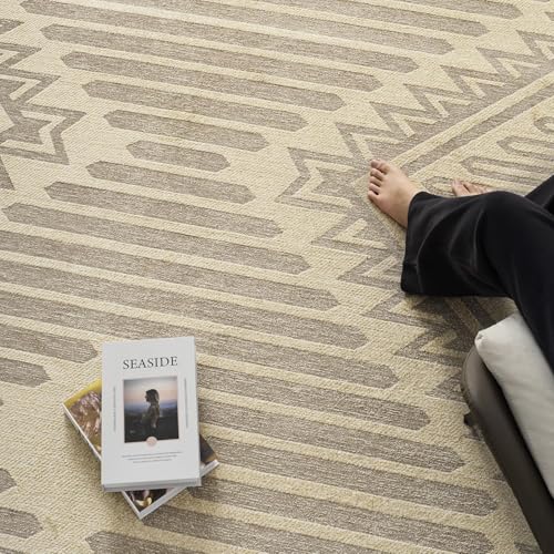 Engiw Beige 8x10 Area Rug - Textured Boho Tufted Rug for Living Room & Bedroom