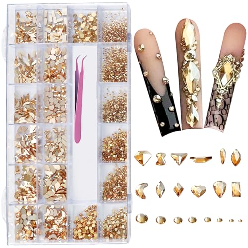 Gold Nail Rhinestones Kit - 6080 Pcs 3D Flatback Crystals for Nail Art - Variation: Gold