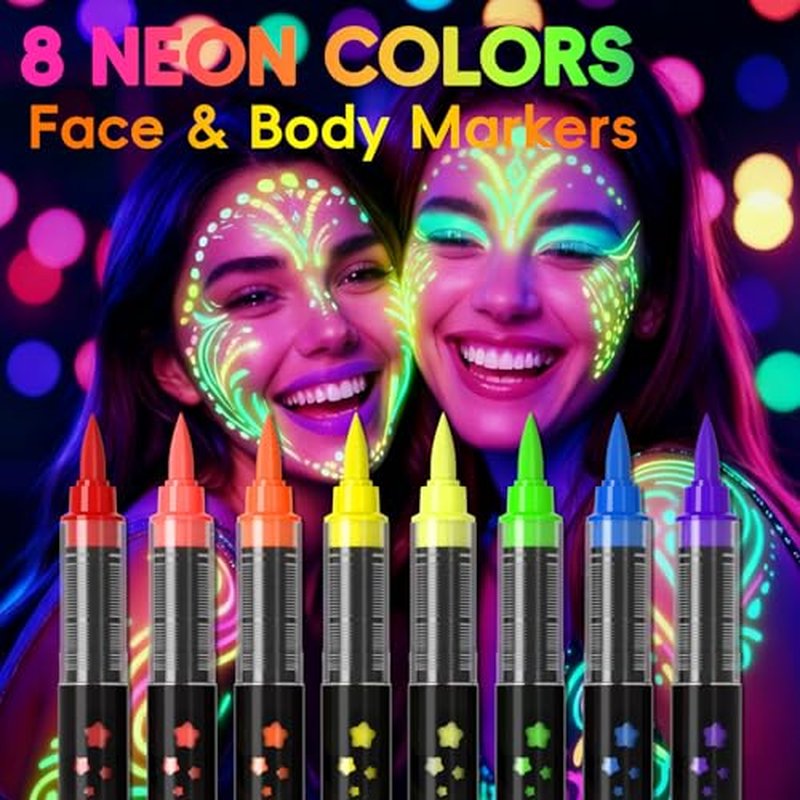 16-color luminous body painting, UV neon face painting pen, luminous face painting kit, washable skin tattoo pen, Halloween party makeup (16 colors)