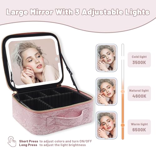 Travel Makeup Bag with LED Mirror ? 3 Brightness Modes, Portable Lighted Makeup Case with Adjustable Dividers, Cosmetic Organizer Gift for Women (Pink)