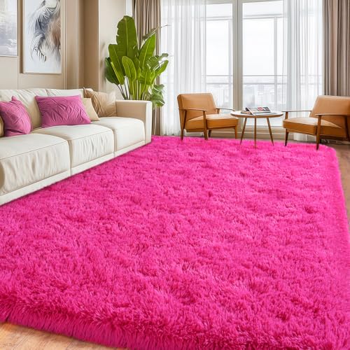 8x10 Hot Pink Area Rug for Girls Bedroom - Plush High Pile Fuzzy Carpet