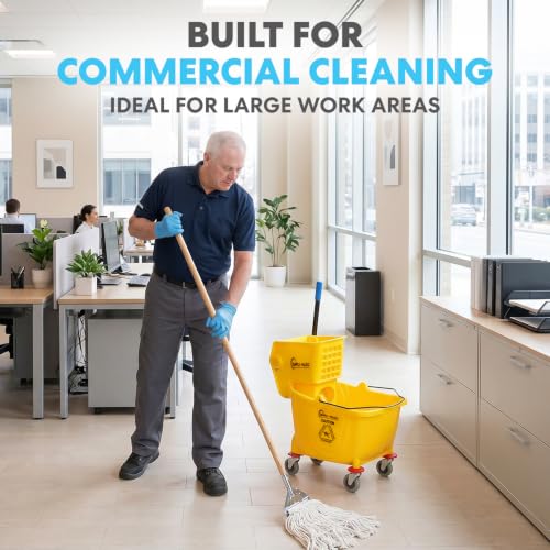 2-Pack 35 Quart Commercial Mop Buckets with Wringer and Sign - Yellow