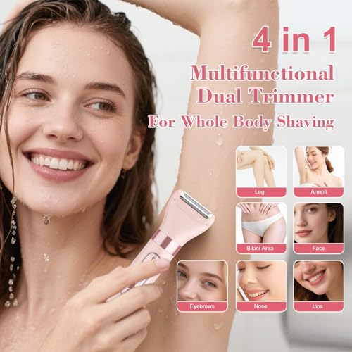 Hatteker 4-in-1 Women's Electric Razor, Dual-Head Body Hair Trimmer for Women, IPX7 Waterproof Rechargeable Bikini Trimmer & Facial Hair Remover for Legs, Armpits, Face, Nose, Eyebrows, Pink