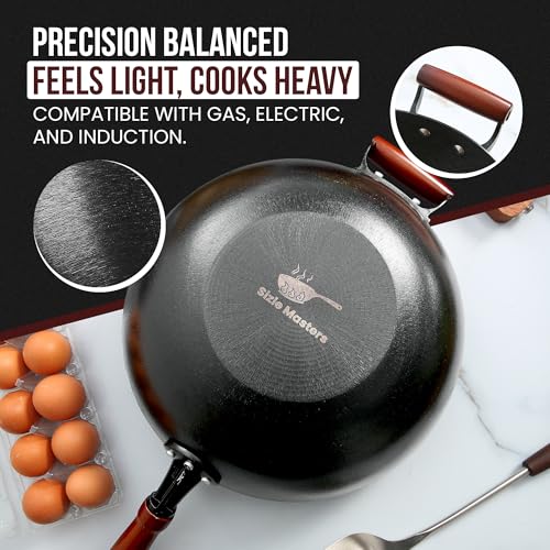 36cm Pre-Seasoned Cast Iron Wok with Wooden Lid & 4 Spatulas - Nonstick Stir-Fry Pan