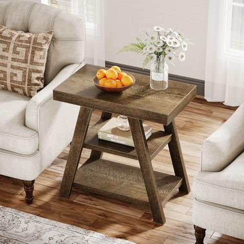 Tribesigns Farmhouse End Table with 3 Open Shelves - Distressed Brown