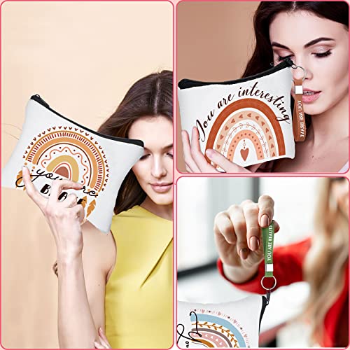 Hillban 32 Pcs Canvas Cosmetic Makeup Bag Women Mother's Day Inspirational Gifts Travel Toiletry Makeup Bag Pouch with Keychains for Women's History Month Mother Teacher Appreciation Gift(Rainbow)