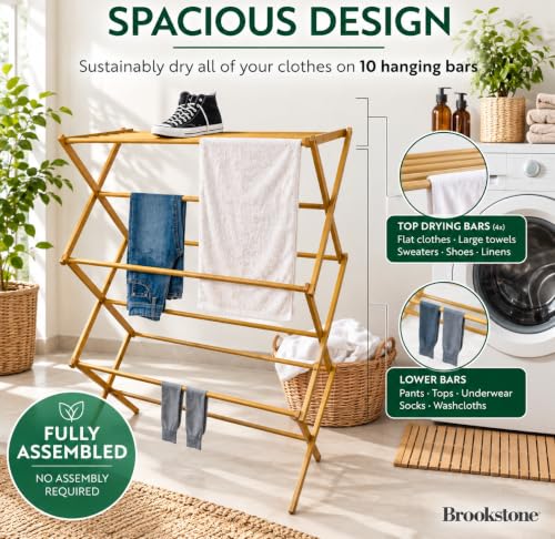 Eco-Friendly Bamboo Drying Rack with 10 Bars, Collapsible Laundry Hanger