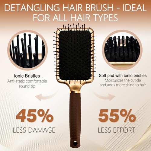 Gold 5-in-1 Ceramic Ionic Round & Paddle Hair Brush Set for Styling & Volume - Includes Section Clips