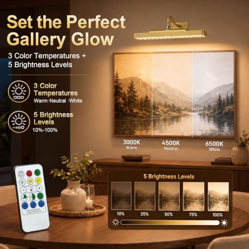 Rechargeable Motion Sensor Picture Light - Gold Wall Mount, 1 Pack - Dimmable, Remote Control