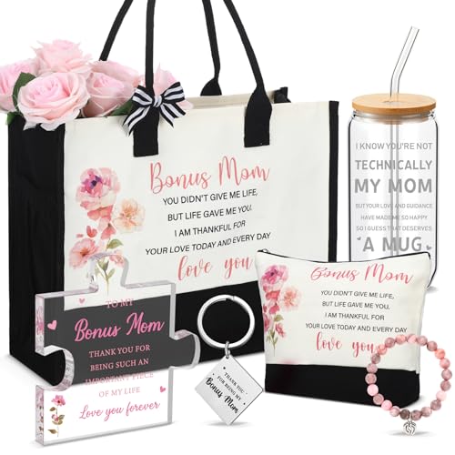 6 Pcs Bonus Mother Gifts Birthday Thank You Appreciation Gifts Set Include Tote Bag Makeup Bag Glass Cup Acrylic Medal Keychain and Bracelet Present for Bonus Mother Mom Mother's Day