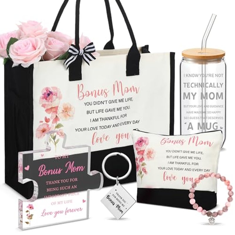 6 Pcs Bonus Mother Gifts Birthday Thank You Appreciation Gifts Set Include Tote Bag Makeup Bag Glass Cup Acrylic Medal Keychain and Bracelet Present for Bonus Mother Mom Mother's Day