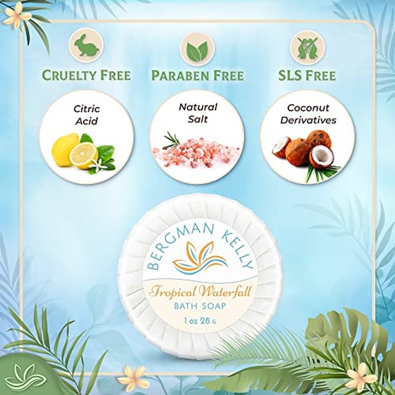 BERGMAN KELLY - Hotel Soap Bars in Bulk - Tropical Waterfall, 1 oz, 200 PK - Small Individually Wrapped Round Soap - Travel Size Mini Toiletries for Airbnb, Motel, Guest Bathroom