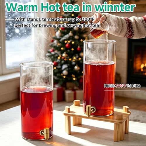 2 Gallon Beverage Dispenser Set with Bamboo Stand, Large Glass Water & Juice Container for Parties