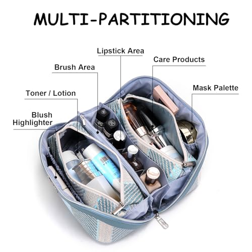 BOYATU Travel Makeup Bag Cosmetic Bag for Women: 3 Pcs Set Make up Bag with Compartments - Waterproof Vegan Leather Toiletry Bags with Handle - Makeup Organizer for Travel Essentials(C-1-Blue)