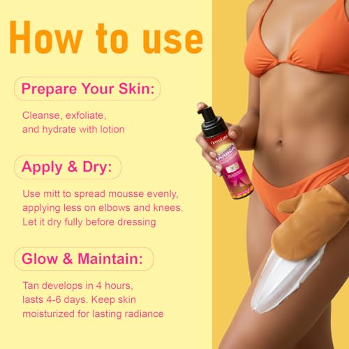 Self Tanner Mousse Mitt Kit ? Sunless Tanning Foam with Hyaluronic Acid for Hydrating - Flawless & Streak-Free Fake Tan Mousse, Watermelon Scent Medium Glow 6.76 fl. oz