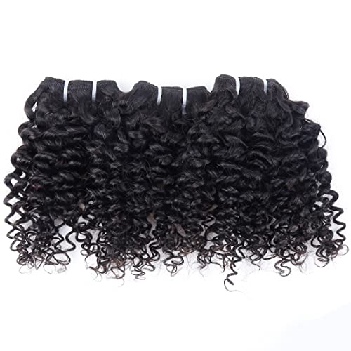 Iwig 8" Short Wavy Kinky Curly Human Hair Bundles with 4x4 Closure - Brazilian Virgin Human Hair Extensions, Natural Color, 6 Bundles + Closure