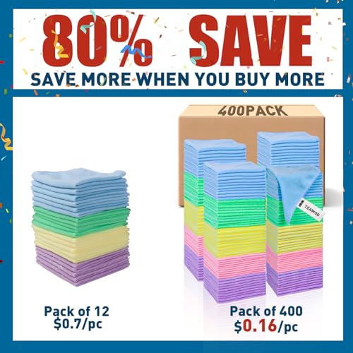 Microfiber Towels Bulk Set - 400 Pack, 12x12 Inches, 5 Colors, Reusable Cleaning Cloths