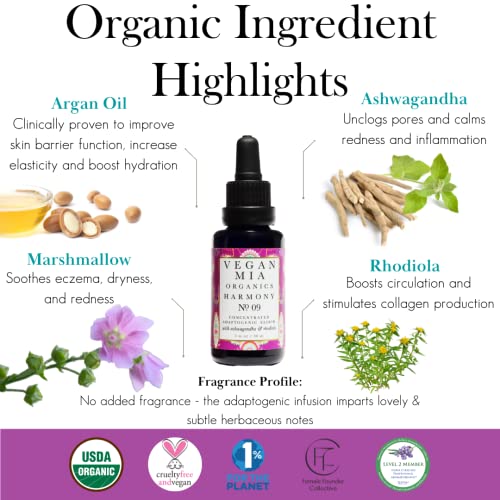 Vegan Mia - USDA Organic Harmony Adaptogen Elixir Face Oil - Face Moisturizer For Dry Skin, Blemishes, Redness & Fragrance Sensitivities - with Licorice, Ashwagandha, Rhodiola Root & More - 0.5 fl oz