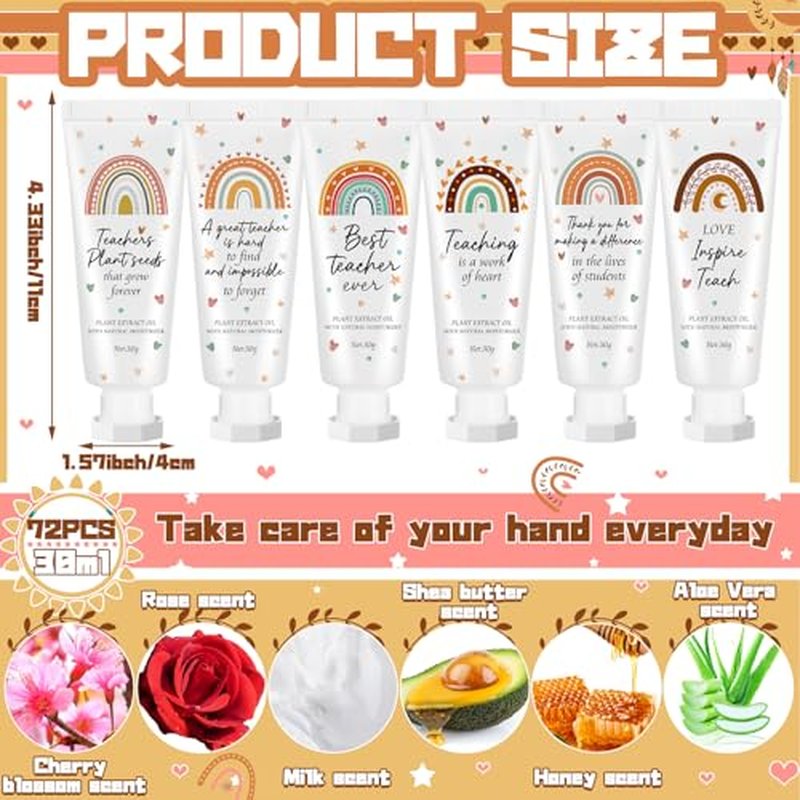 72 Pcs Teacher Appreciation Gift Bulk Hand Cream Boho Rainbow Teacher Employee Staff Appreciation Hand Lotion Team Gift Bulk Travel Size Lotion Cream Moisturizing for Women Men Coworkers