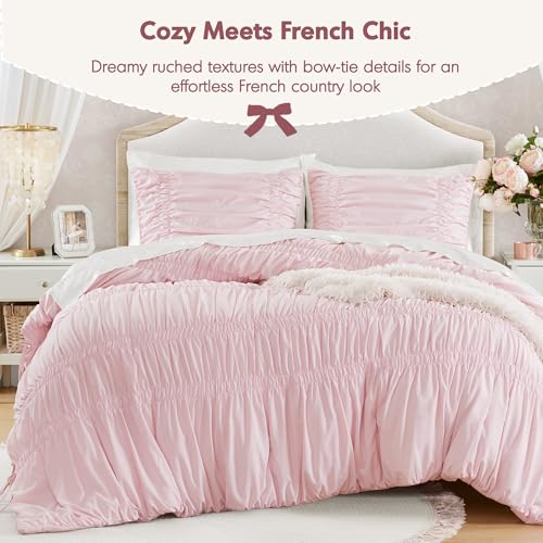 Pink Queen Comforter Set with Ruched Shabby Chic Design - 3 Piece Full/Queen Bedding