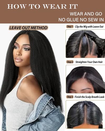 24 Inch Black Kinky Straight U Part Wig Natural Hair-Like Human Hair Style Variation