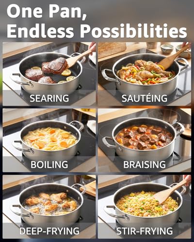 Large 7 Qt Deep Frying Pan with Lid - 12 Inch Stainless Steel Skillet