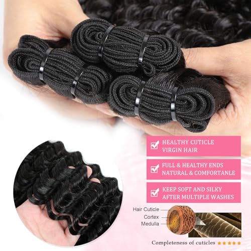 Deep Wave Human Hair Bundles - 16 Inch Natural Black, 12A Virgin Indian Wavy Weave