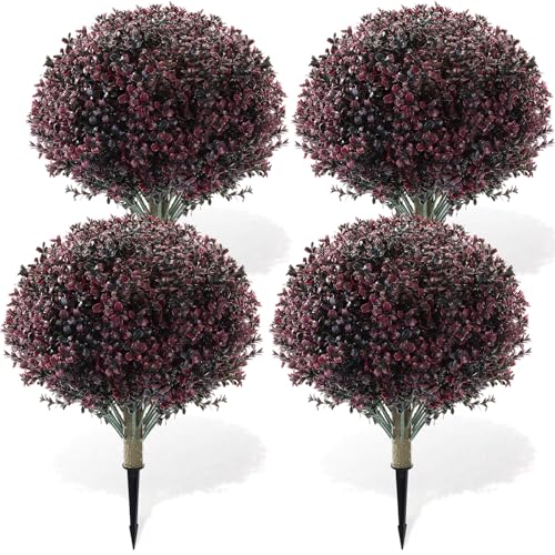 Yunlly 4 Pack Fall Artificial Topiary Balls - Outdoor Faux Bushes, Dark Purple