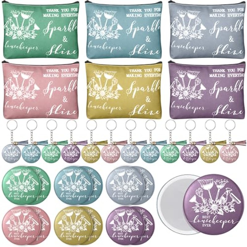 12 Sets Housekeeping Week Appreciation Gifts Housekeepers Cleaning Canvas Makeup Bag Inspirational Mirror Best Housekeeper Ever Keychain Thank You Gift for Team Employee Coworker Cleaner