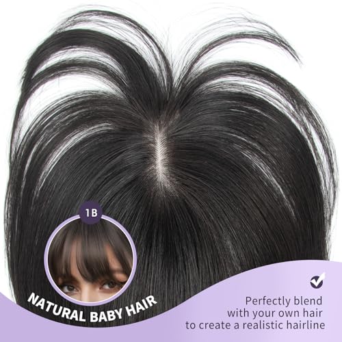 Jet Black Human Hair Topper with Bangs 10 Inch Clip-In Thinning Hair Cover for Women — Variation of Jet Black #1
