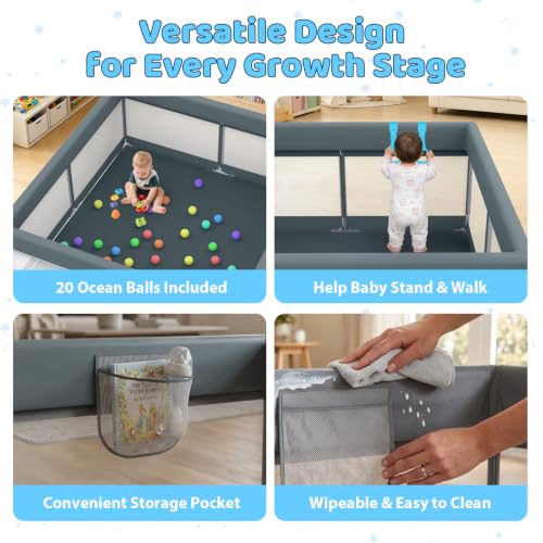 Large Baby Playpen 79x71 Inches Indoor & Outdoor Toddler Play Yard - Grey