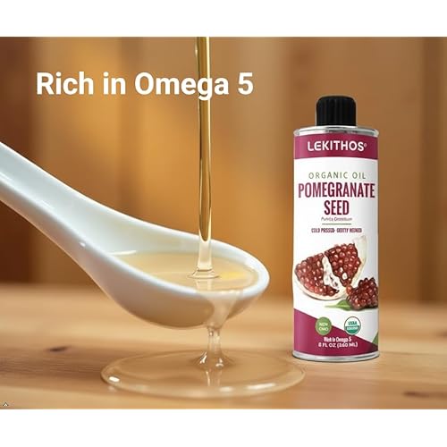 Lekithos Organic Pomegranate Seed Oil, 100% Certified Organic, Cold Pressed, Rich in Omega 5, 8oz, Single Ingredient Nutrition, Non-GMO