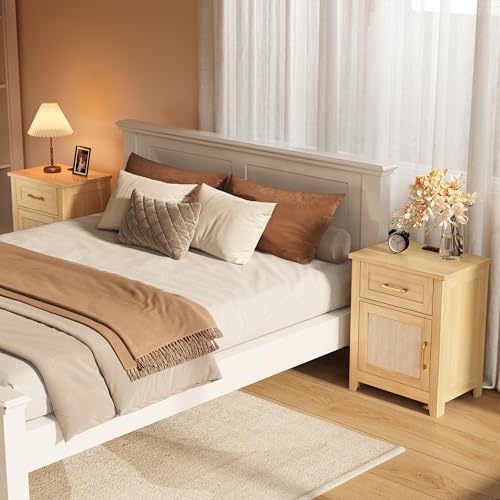 Decofy Rattan Nightstand Set of 2 with Charging Station, Drawer & Cabinet - Natural Boho Style