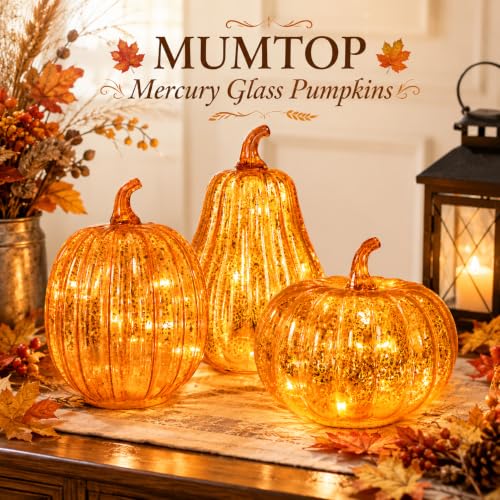 Gold Mercury Glass Pumpkin Lights - 3PCS Halloween Fall Decor with Timer