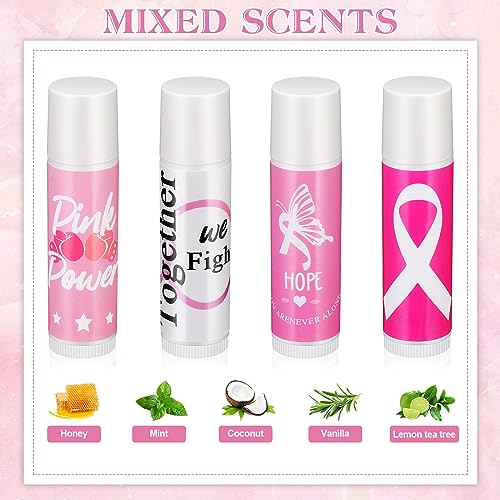 Fumete 50 Sets Breast Cancer Awareness Lip Balm Pink Ribbon Gift Bulk - Natural, Moisturizing, 4 Flavors, Includes Inspirational Quotes