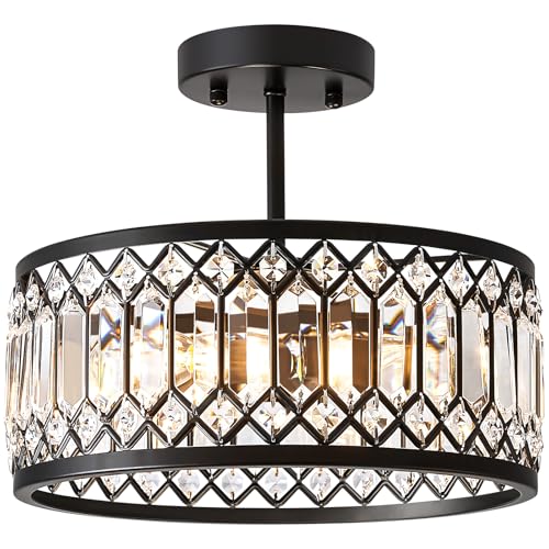 Crystal Black Ceiling Light - 12 Inch 3-Light Semi Flush Fixture - Modern Home Lighting