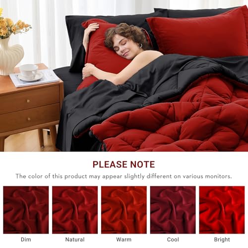 Oversized King Reversible Comforter Set 7-Piece Bed in a Bag - Red & Black, 120x98