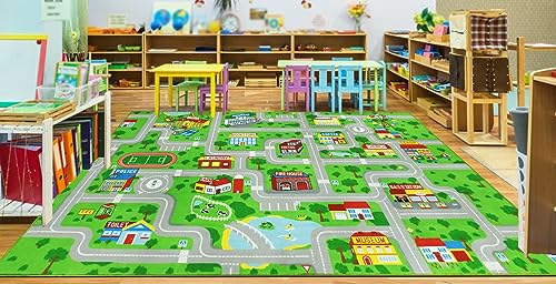 Kids Traffic Road Playmat Carpet - Non-Slip City Map Rug for Toddler Playroom, 6.6'x9.8' Green