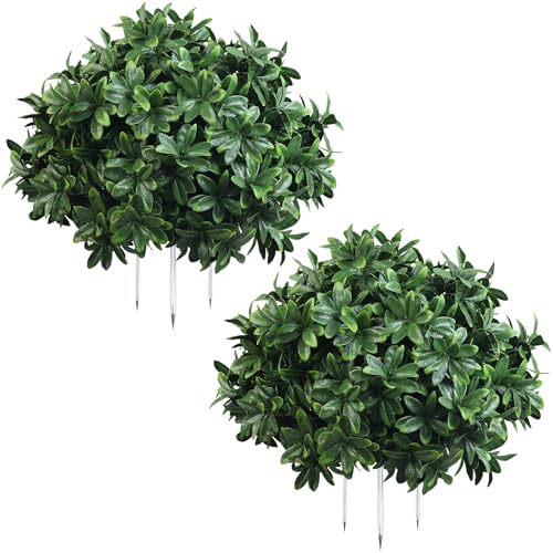Artificial Boxwood Topiary Bush Set - 15 Inch Faux Greenery with Ground Spike - Green-002