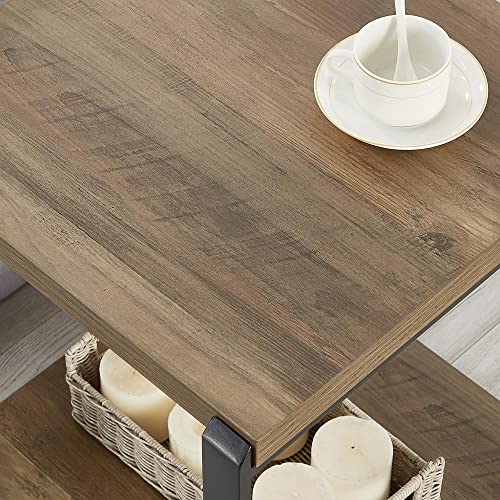 Industrial End Table with Storage Shelf - Square Nightstand in Oak Finish