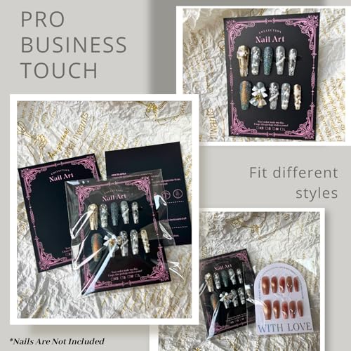 Press On Nail Packaging Kit for Long Nails ? Y2K 50 Display Cards with Bags & Tape ? Nail Tech Supplies for for Gothic & Baddie Nailfies Nail Salon Studio Manicure Business(Black, 3.54*4.7)