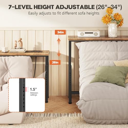 Narrow Adjustable Console Table 78.7'' with Charging Ports - Rustic Brown, 26-34" Height