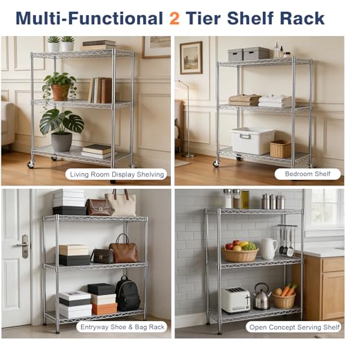 Adjustable 3-Tier Metal Wire Shelving Rack - Chrome Finish, 35.4x17.7x36.5 Inches - Heavy Duty Storage Shelf with Wheels - Variation of THIS listing
