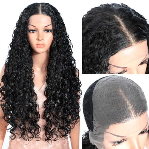 13x6 Lace Front Curly Synthetic Wig - 28 Inch 1B Free Part for Daily & Cosplay