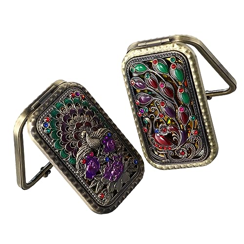 Pokinge 2Pcs Compact Folded Pocket Mirror Double-Sided Folding Retro Peacock Metal Makeup Mirror Portable 2X Magnification Cosmetic Mirror for Travel