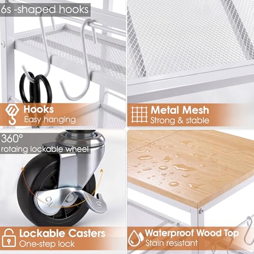 White 3-Tier Rolling Kitchen Cart with Lockable Wheels & 6 Hooks