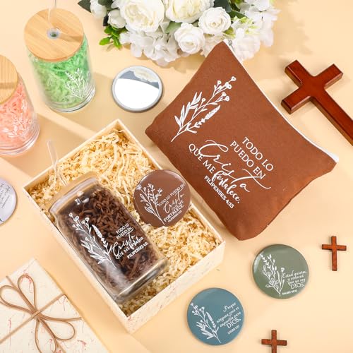 Christian Gift Set with Bible Style Accessories - 6 Pieces, Neutral Colors, 17oz Glass Cup, Makeup Bag & Mirror - Variation of 6 / Spanish Neutral Colors / 17 Ounces